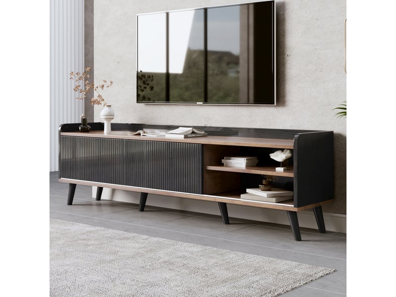  Meuble tv design 160 cm bois naturelnoir tiroirs portes coulissantes  - Conforama E