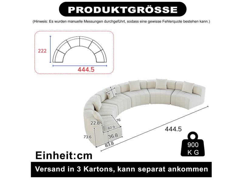  Canapé modulaire semi-circulaire 6 places avec 2 coussins, assise style touches de piano en chenille beige  - Conforama C
