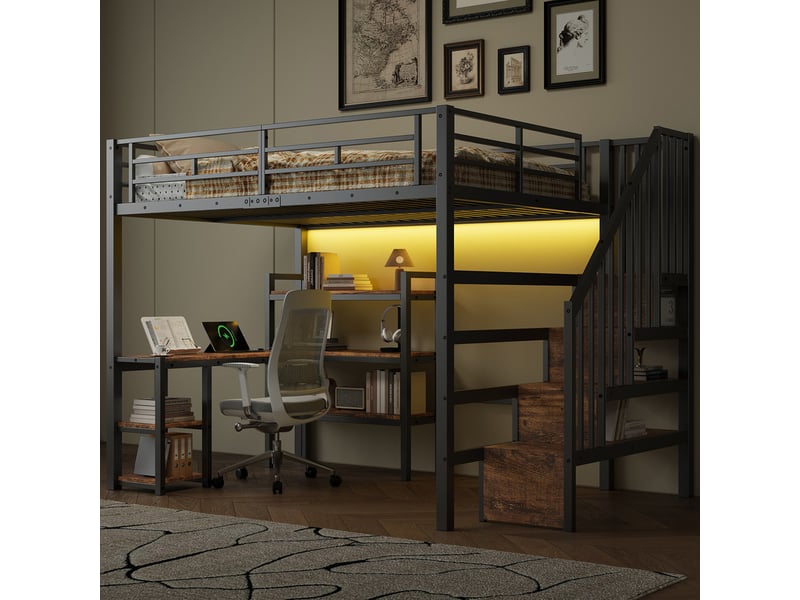 Lit mezzanine en métal 140x200 cm - avec bureau et échelle de rangement - port usb et éclairage led - noir (sanas matelas)  - Conforama E