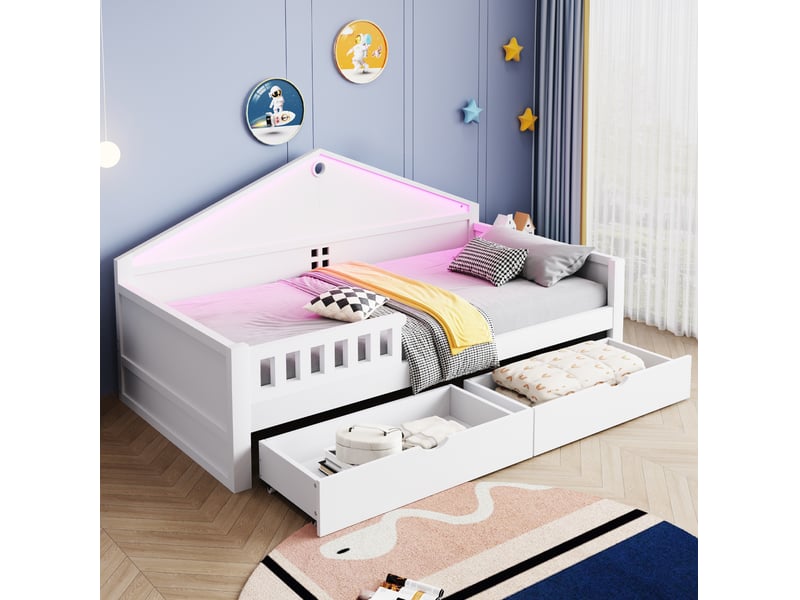 Lit enfant simple 90x200 cm avec 2 tiroirs, bande led pilotée sommier à lattes, bois et mdf blanc sans matelas  - Conforama W