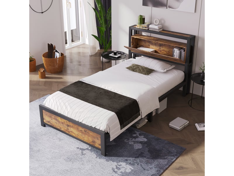  Lit 1 place 90x200cm, lit métal avec tête de lit et sommier, rangement, lit jeune, noir+marron  - Conforama C