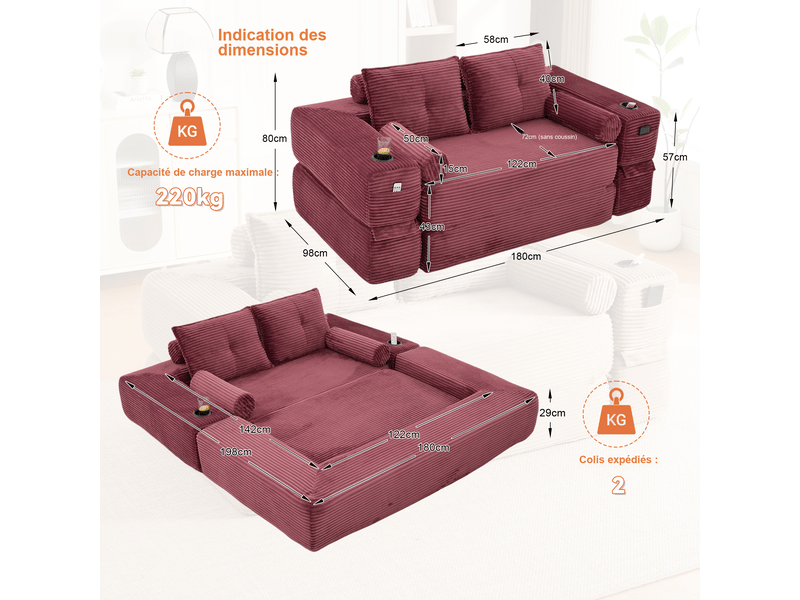  Canapé droit convertible 2 places en velours côtelé rouge 180x98x80 cm, avec poches, porte-gobelet, salon séjour 180x98x80cm - Conforama C