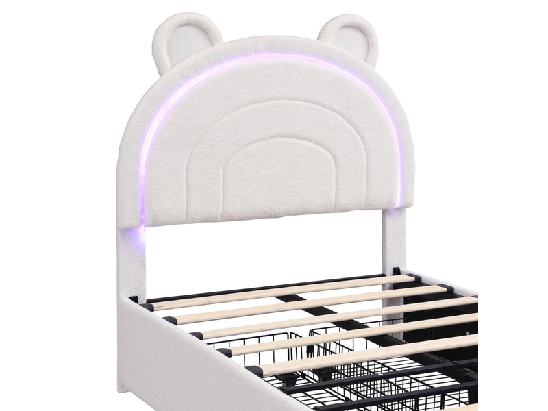  Lit enfant 90x200 cm avec 4 tiroirs et led,  en velours beige, sans matelas  - Conforama R