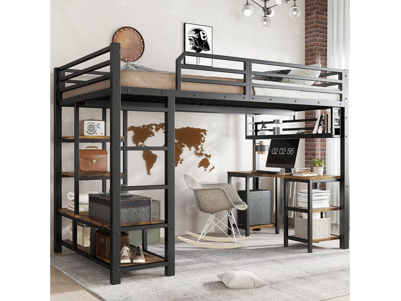  Lit mezzanine 120x200 cm avec bureau intégré, rangement, métal et panneau de particules noir et brun sans matelas  - Conforama B