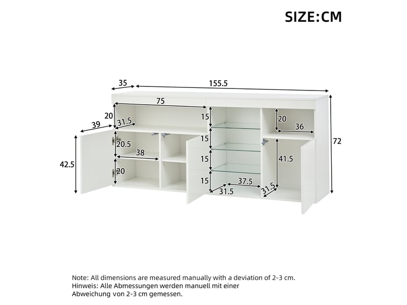  Buffet salon blanc laqué 155 cm avec éclairage led, meuble de rangement 3 portes et étagères en verre  - Conforama C