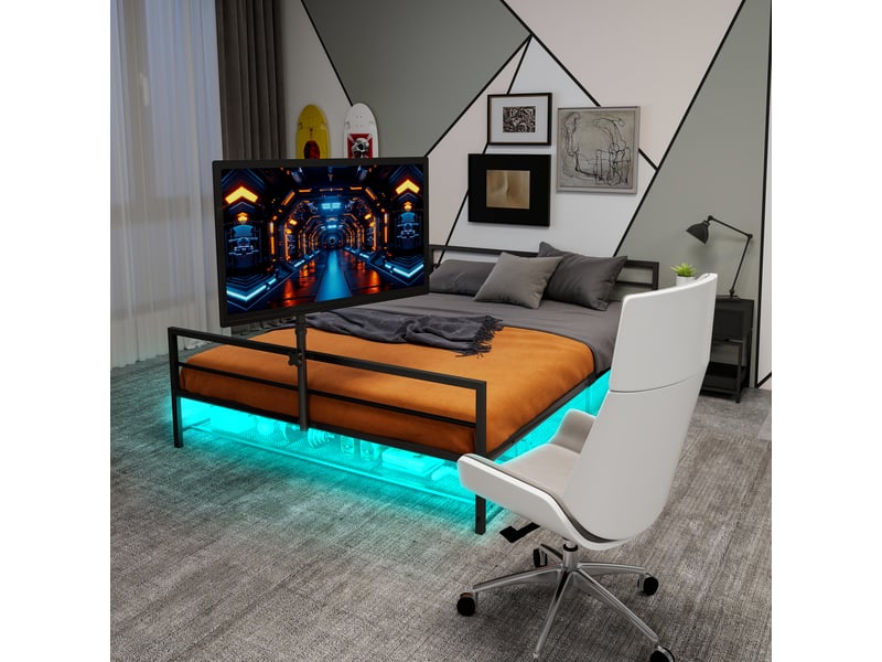  Lit gamer en métal noir 90x200 cm avec support d'écran intégré et éclairage led réglable  - Conforama D
