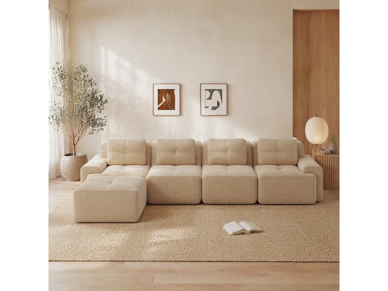  Canapé modulable 4 places avec méridienne en l beige en velours côtelé – 382 x 177 x 69 cm  - Conforama B