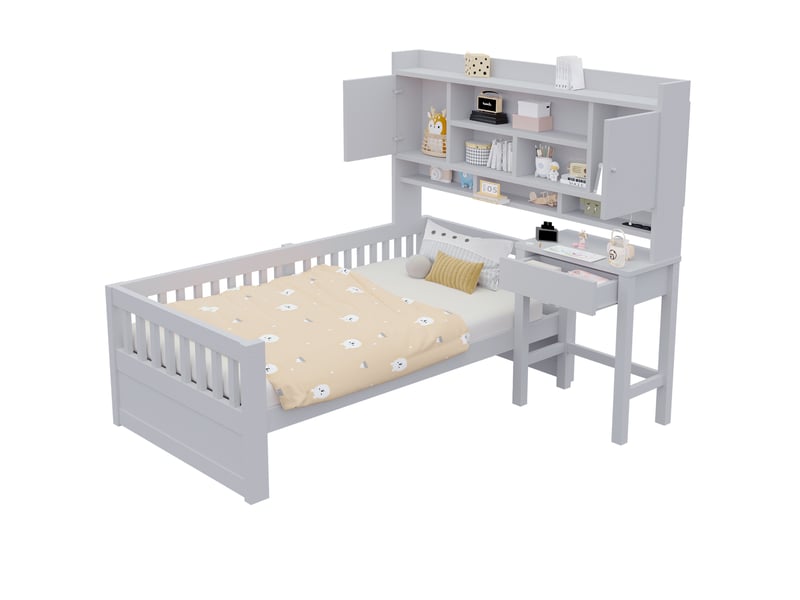  Lit enfant 90 × 200 cm avec bureau à tiroirs, rangements en tête de lit, led, prise et barrières, gris et blanc  - Conforama A