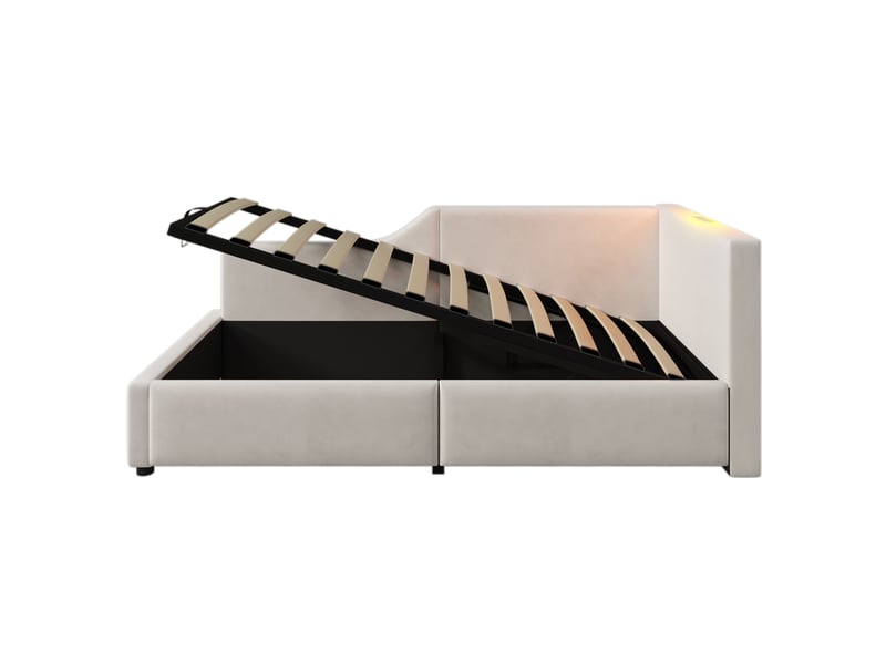  Lit de jour 90x200 velours beige avec lit coffre hydraulique, port usb-c et lampe de lecture  - Conforama W