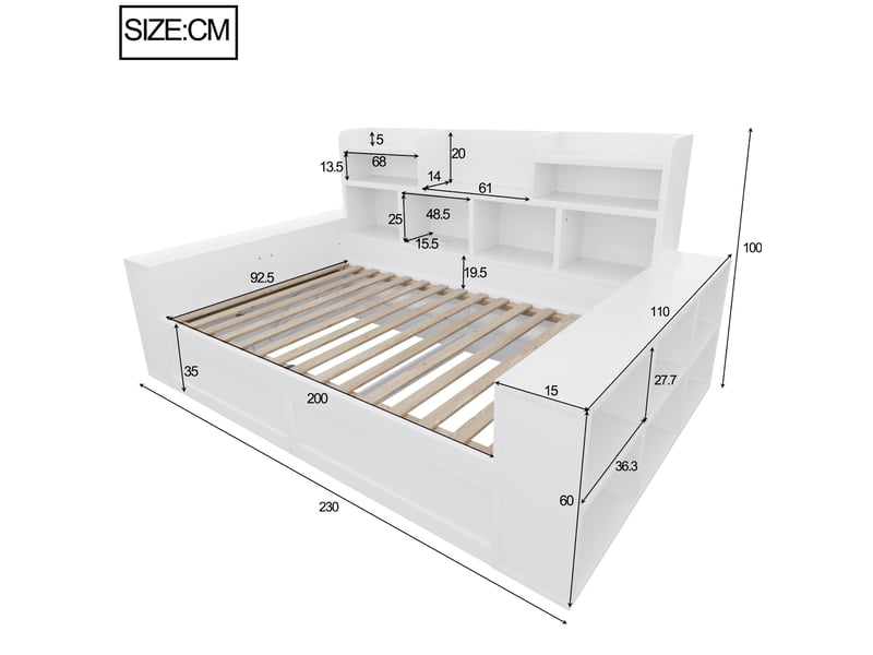 Lit banquette 90x200 cm avec coffre de rangement, led et prises, blanc, sans matels - Conforama C