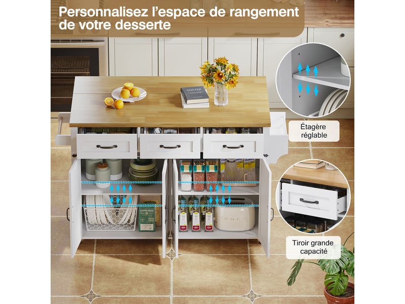 Îlot de cuisine 140x43x90,5 cm, desserte extensible avec tiroirs, portes, étagère et porte-serviettes, mdf, blanc et naturel - Conforama E