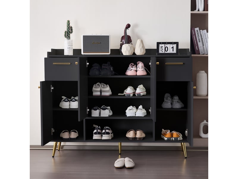  Meuble à chaussures pour l'entrée 16 paires avec 4 portes,2 tiroirs,1 niche et pieds en métal doré,noir meuble à chaussures noir - Conforama B