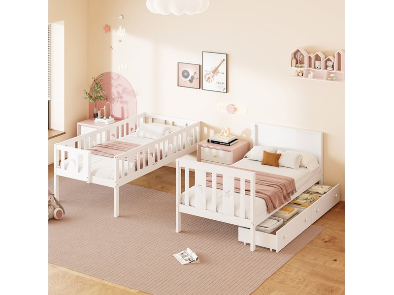  Modenvie lit superpose enfant 90x200 cm - avec escalier de rangement, sommier inclus, sans matelas - blanc  - Conforama D
