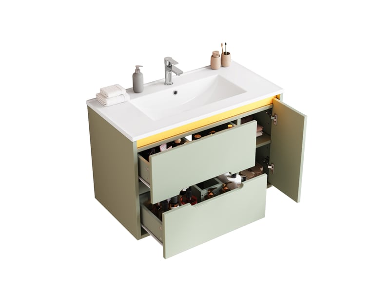  Meuble sous lavabo mural 81 cm vert avec vasque en céramique, led pilotée par application et rangement intégré  - Conforama A
