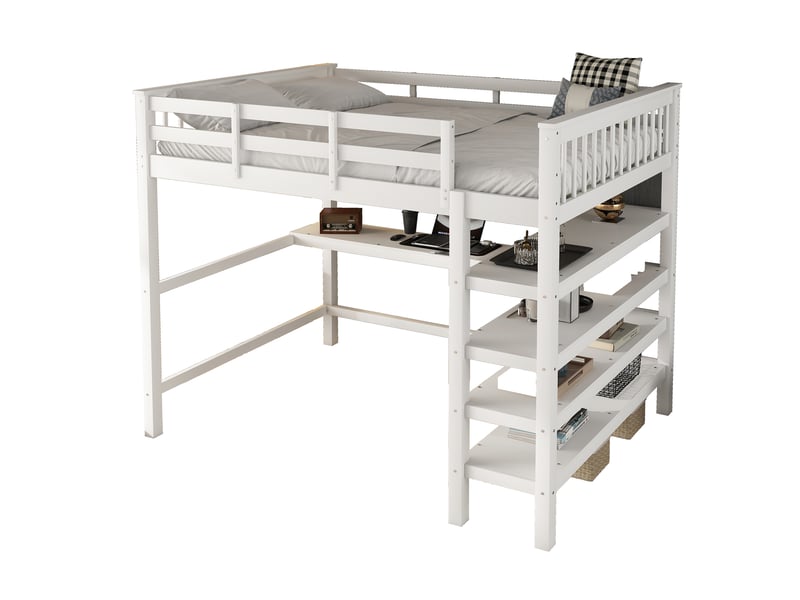  Lit mezzanine enfant blanc 140 × 200 cm, bureau sous le lit et compartiments de rangement, sans matelas  - Conforama D