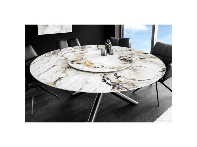 Table axya – ronde 150 cm – plateau en céramique et verre trempé effet marbre blanc avec plateau supérieur tournant  - Conforama C