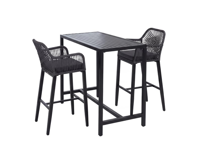 Ensemble table de bar + 2 tabourets de bar hwc-p91, chaise de bar, table haute, coussin d'assise d'extérieur, tressage en corde, métal ~ anthracite  - Conforama A
