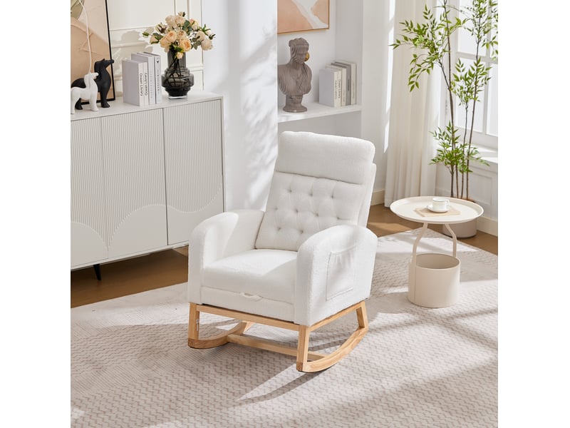  Fauteuil à bascule avec repose-pieds extensible, poches latérales et dossier haut en bouclé blanc et bois naturel  - Conforama B