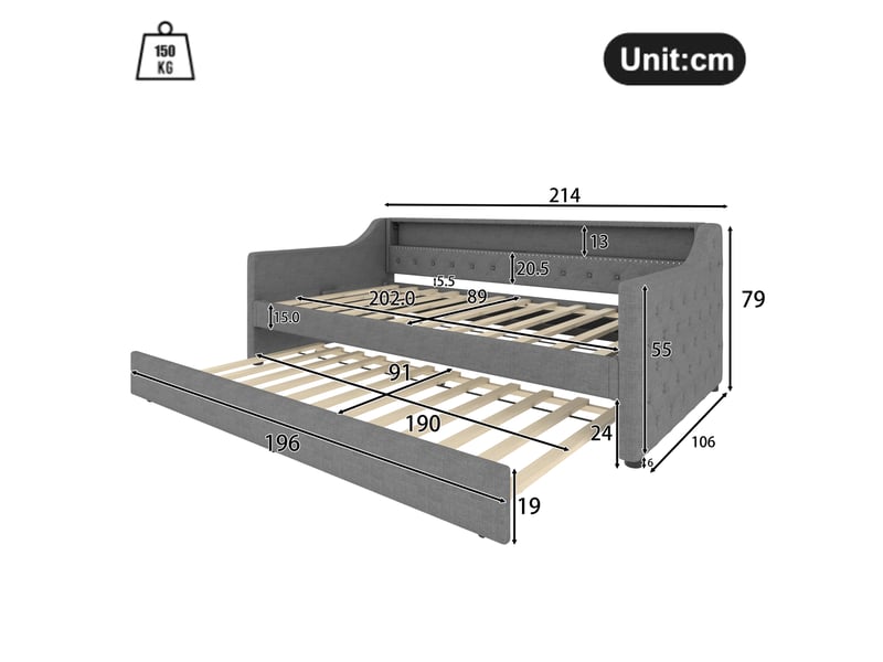  Lit banquette 90x200 avec lit gigogne, canapé lit en lin gris avec éclairage led et port usb  - Conforama C