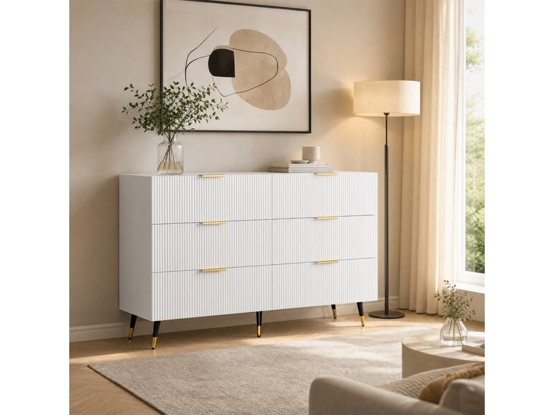  Buffet avec 6 tiroirs, façade ondulée et pieds dorés, style moderne, pour salon ou chambre, 120 x 40 x 77 cm, blanc  - Conforama B