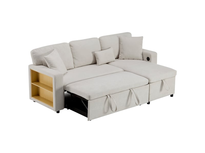 Canapé d'angle convertible 4 places, velours beige avec coffre de rangement, lit réversible avec port usb et étagère pour salon moderne - Conforama A