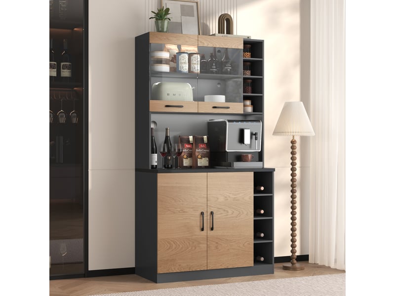  Armoire de cuisine avec led 100x47x187 cm, buffet haut pour micro-ondes, étagères réglables, gris et bois  - Conforama D