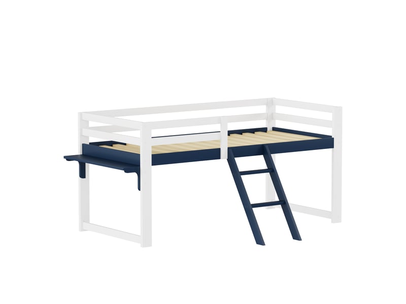 Lit mezzanine enfant 90x20cm blanc et bleu marine - lit surélevé en pin massif avec barrières de sécurité, échelle et petite table de chevet intégrée - Conforama E