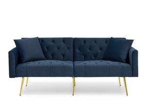 Canapé convertible 2 places avec dossier réglable 3 positions, 2 coussins, pieds en métal doré, velours bleu
