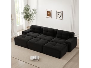 Canapé d'angle modulable 3 places avec fonction couchage et 3 poufs, assise profonde en velours côtelé noir