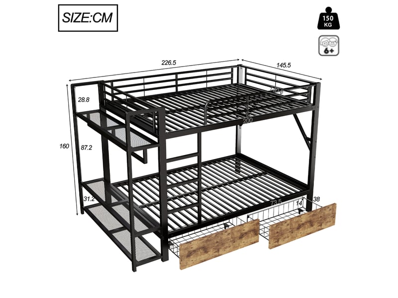 Lit superposé 140 x 200 cm, structure en fer, 2 tiroirs, plusieurs étagères, éclairage led, penderi, noir - Conforama D