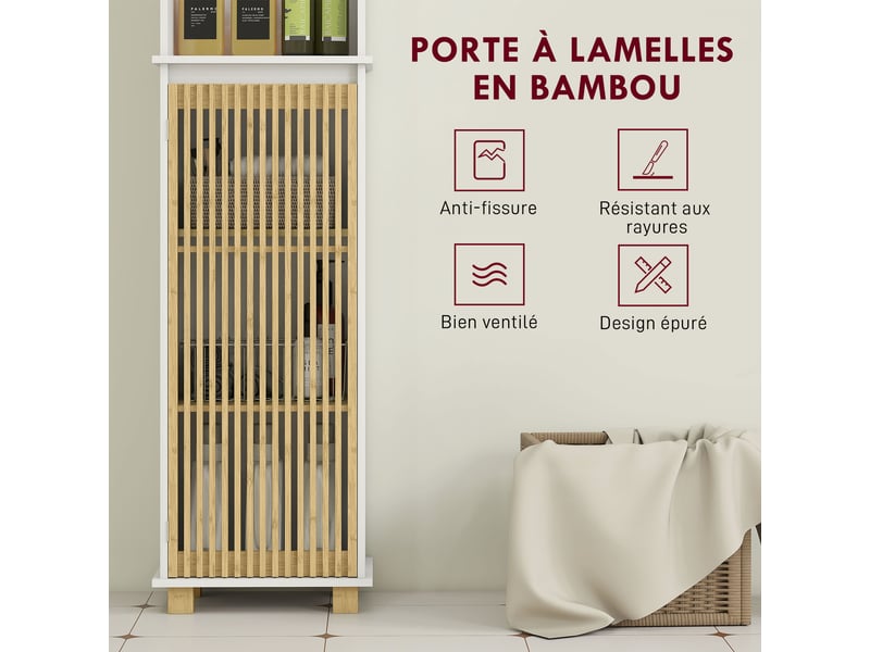  Colonne salle de bain, blanc, meuble salle de bain rangement avec porte à lattes en bambou et compartiments ouverts  - Conforama E