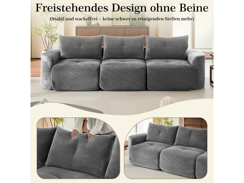 Canapé modulable compression 3 places,velours côtelé,279x100x84cm,configuration 2+1 avec assise amovible,sans montage,gris - Conforama D