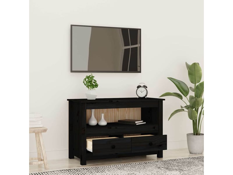  Meuble tv - banc tv - meuble de rangement noir 79x35x52 cm bois de pin massif  - Conforama C
