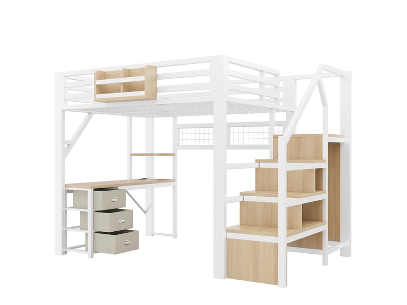  Lit mezzanine 2 places 200 × 140 cm, 3 tiroirs, bureau, rangements et led, sans matelas, métal blanc  - Conforama E