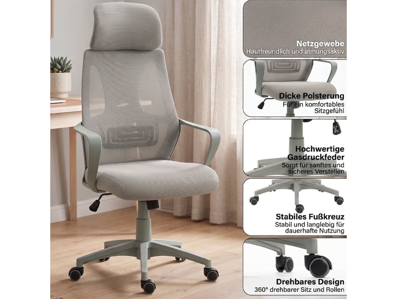  Chaise de bureau grise en tissu, réglable en hauteur, avec appui-tête ajustable, soutien lombaire et fonction bascule  - Conforama D