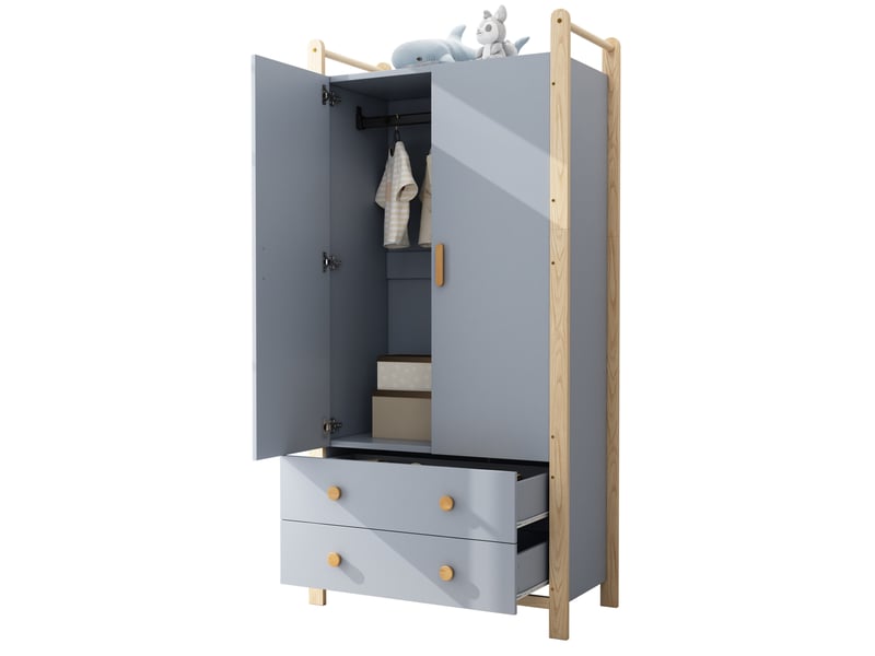  Armoire avec penderie, 2 portes et 2 tiroirs, en panneaux de particules et pin, bleu et naturel, 90 × 45 × 180 cm  - Conforama A