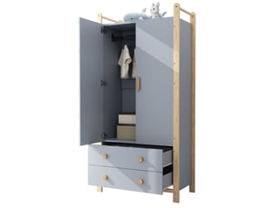 Armoire avec penderie, 2 portes et 2 tiroirs, en panneaux de particules et pin, bleu et naturel, 90 × 45 × 180 cm