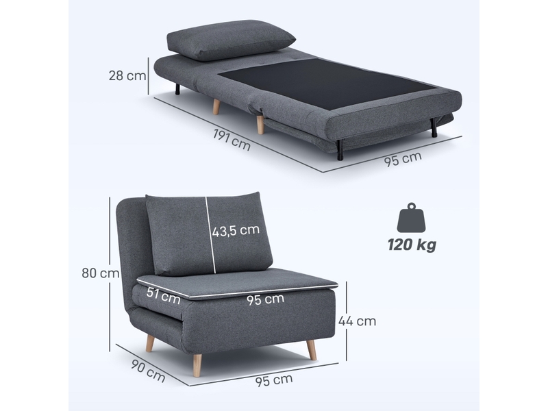 Fauteuil convertible 3 en 1 gris, dossier inclinable, fauteuil lit avec coussin, pour petit espace et chambre d'amis 95 cm - Conforama C