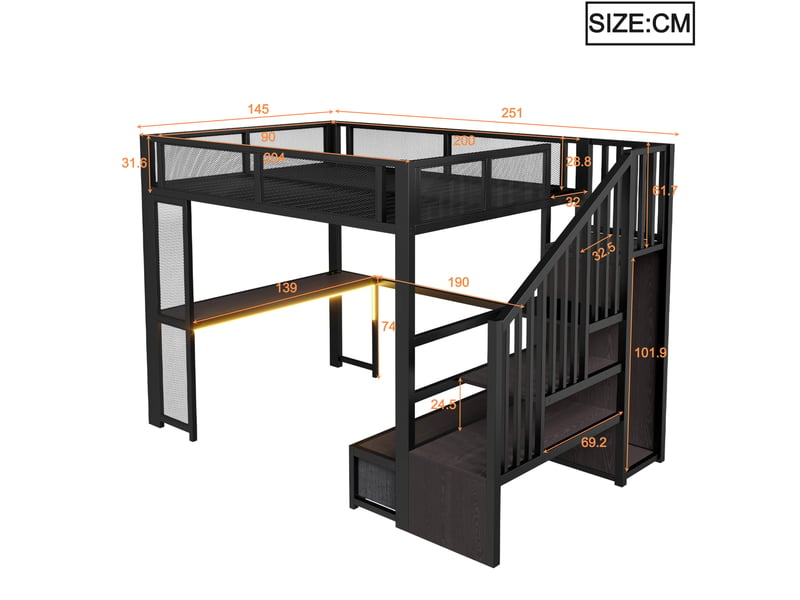  Lit mezzanine combiné enfant 140x200 cm avec escalier, rangement, usb, led, bureau, penderie ouverte, 3 tiroirs mdf métal noir sans matelas  - Conforama E