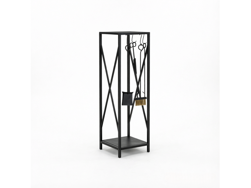  Serviteur de cheminée 34 x 34 x 111 cm noir en métal, range-bûches avec 4 outils de cheminée et deux étagères  - Conforama A