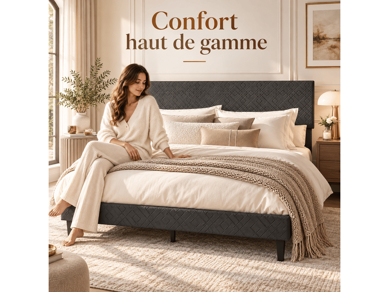 Cadre de lit double 160x200 cm avec sommier à lattes en bois, lit rembourré avec tête de lit capitonné, 2 personnes2 places, rangement sous le lit, pour adultes et adolescents, facile à assembler, chambre, structure de lit queen… - Conforama W