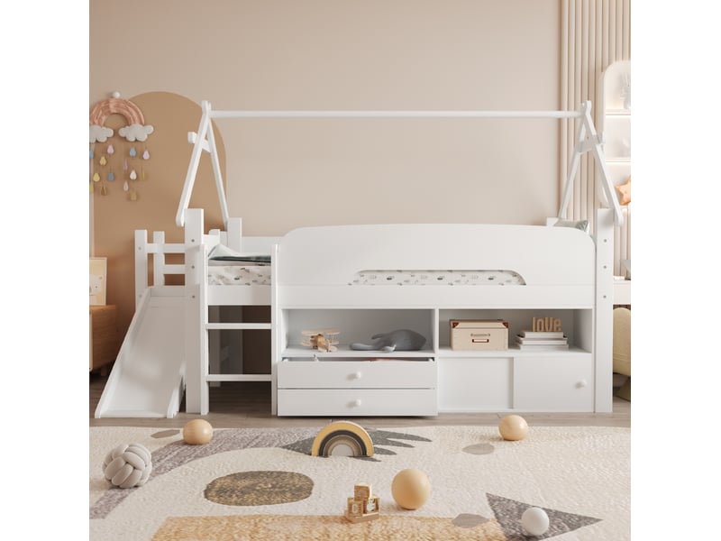 Lit enfant mezzanine rangement 90x200 bois massif toboggan toit maison homvra  - Conforama D