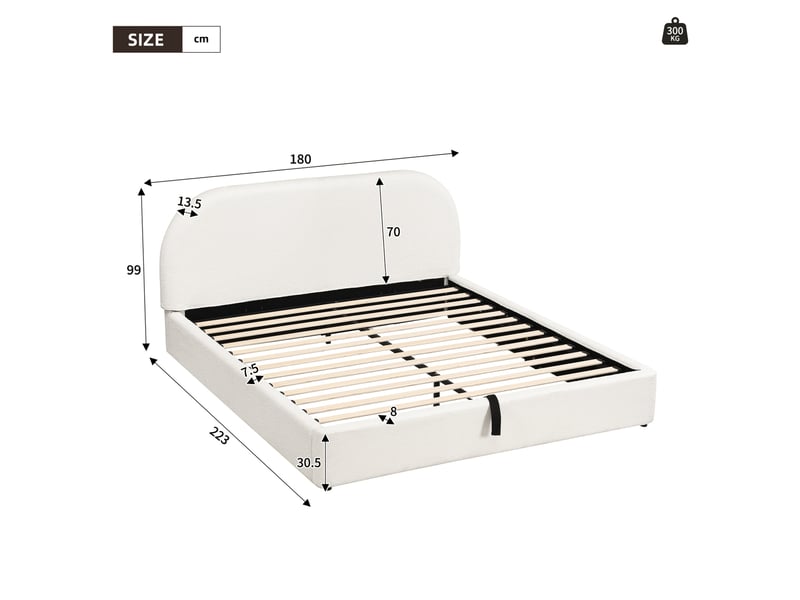  Lit coffre adulte 160x200 cm – beige bouclé – sommier à lattes inclus et rangement hydraulique sous le lit  - Conforama C