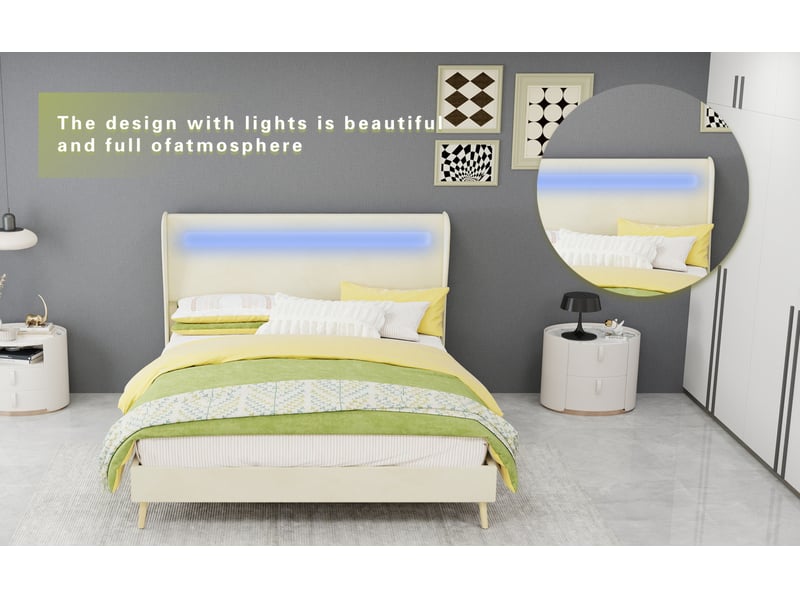  Lit adulte 140x200 cm en tissu beige avec led réglable, sans rangement  - Conforama R