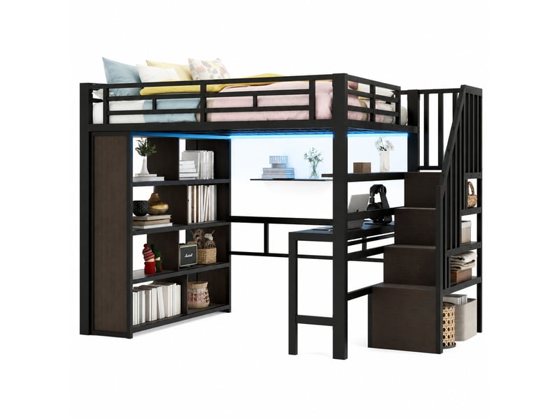  Lit mezzanine 140x200 cm en métal et mdf avec bureau, rangements et éclairage led noir  - Conforama A