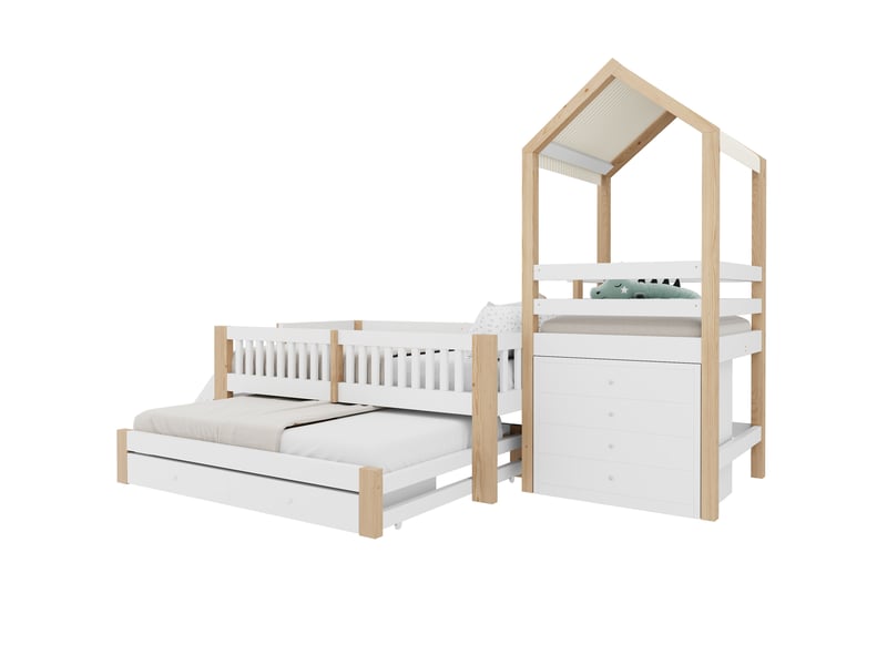  Lit enfant cabane 90x200 cm blanc et bois, lit gigogne 90x190 cm, rangements et escalier latéral fixe  - Conforama A