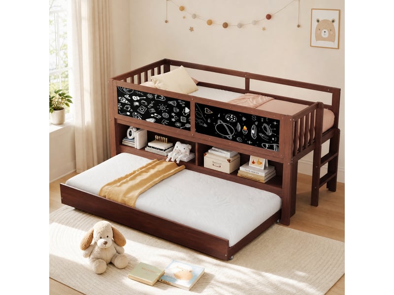  Lit mezzanine enfant 200×90 cm avec couchage gigogne, rangements ouverts et tableau à craie, en bois brun  - Conforama B