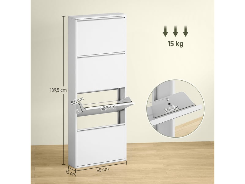  Meuble à chaussures étroit métal blanc, 4 tiroirs inclinables, capacité 8 paires. Idéal pour l'entrée et le couloir  - Conforama D