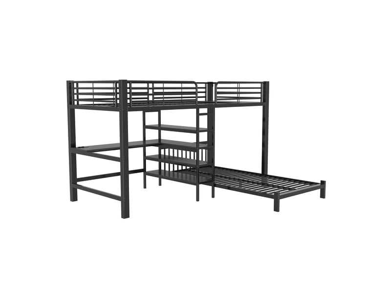  Lit mezzanine 2 places 90x200 cm avec bureau, étagères et prise usb, noir  - Conforama E