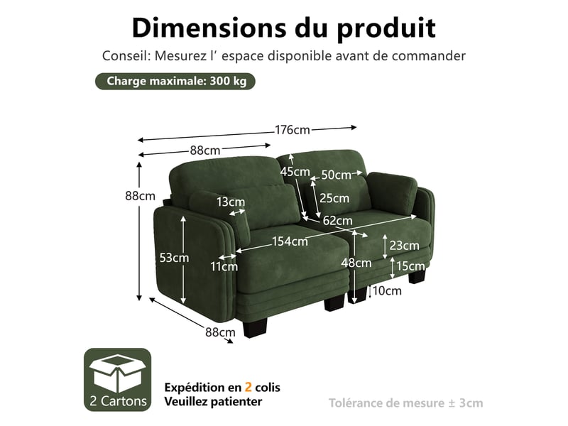 Canapé droit modulable 176 cm 2 places, coussins d'accoudoirs amovibles et coussins lombaires épais à soutien, chenille, ressorts ensachés, vert - Conforama D